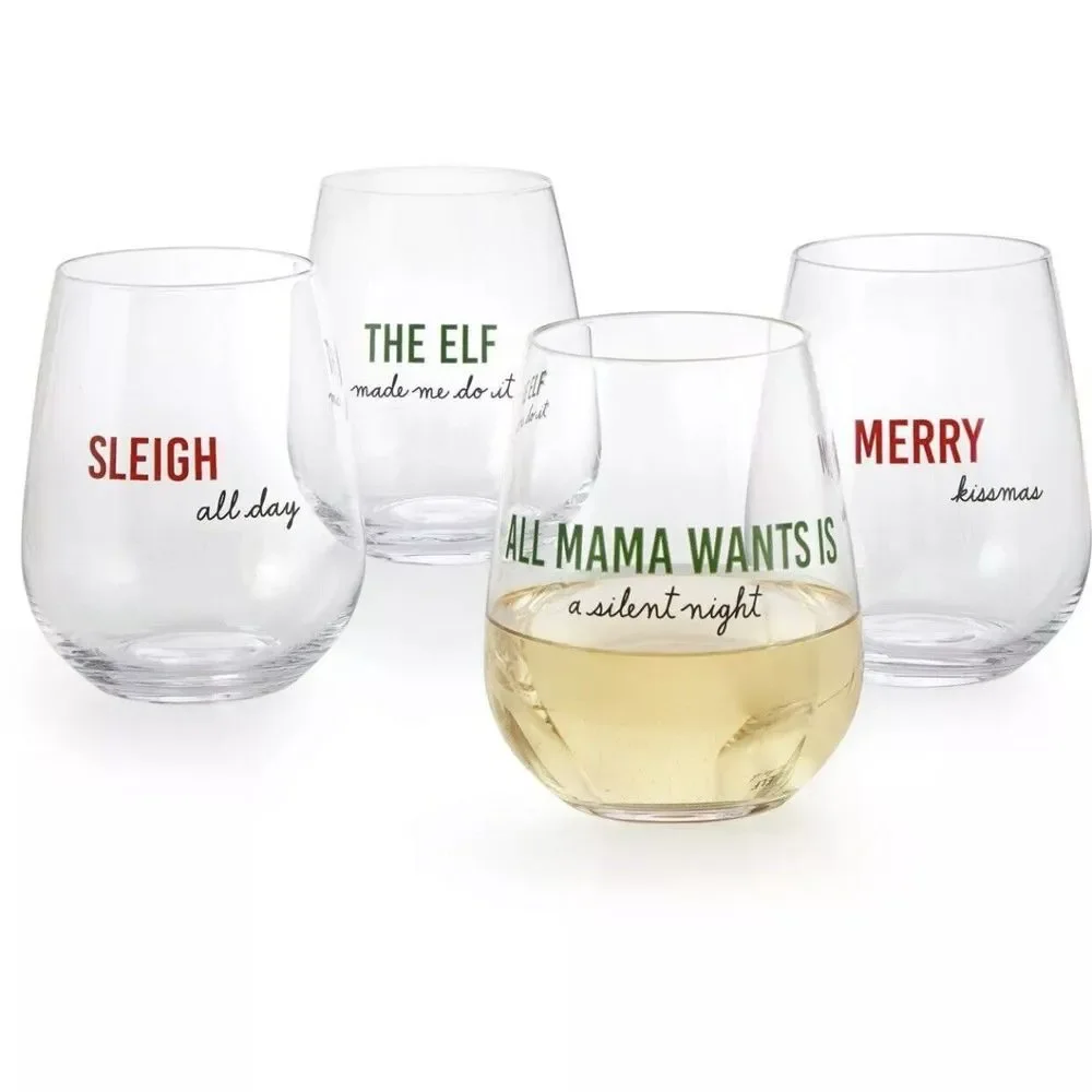 The Cellar Stemless Wine Glasses Set of 4 Christmas Holiday Sayings New‎